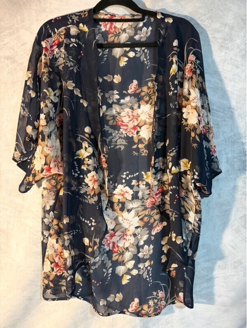 Women’s Floral Kimono Cardigan Cover Up Navy Blue Sheer Open Front Size Medium